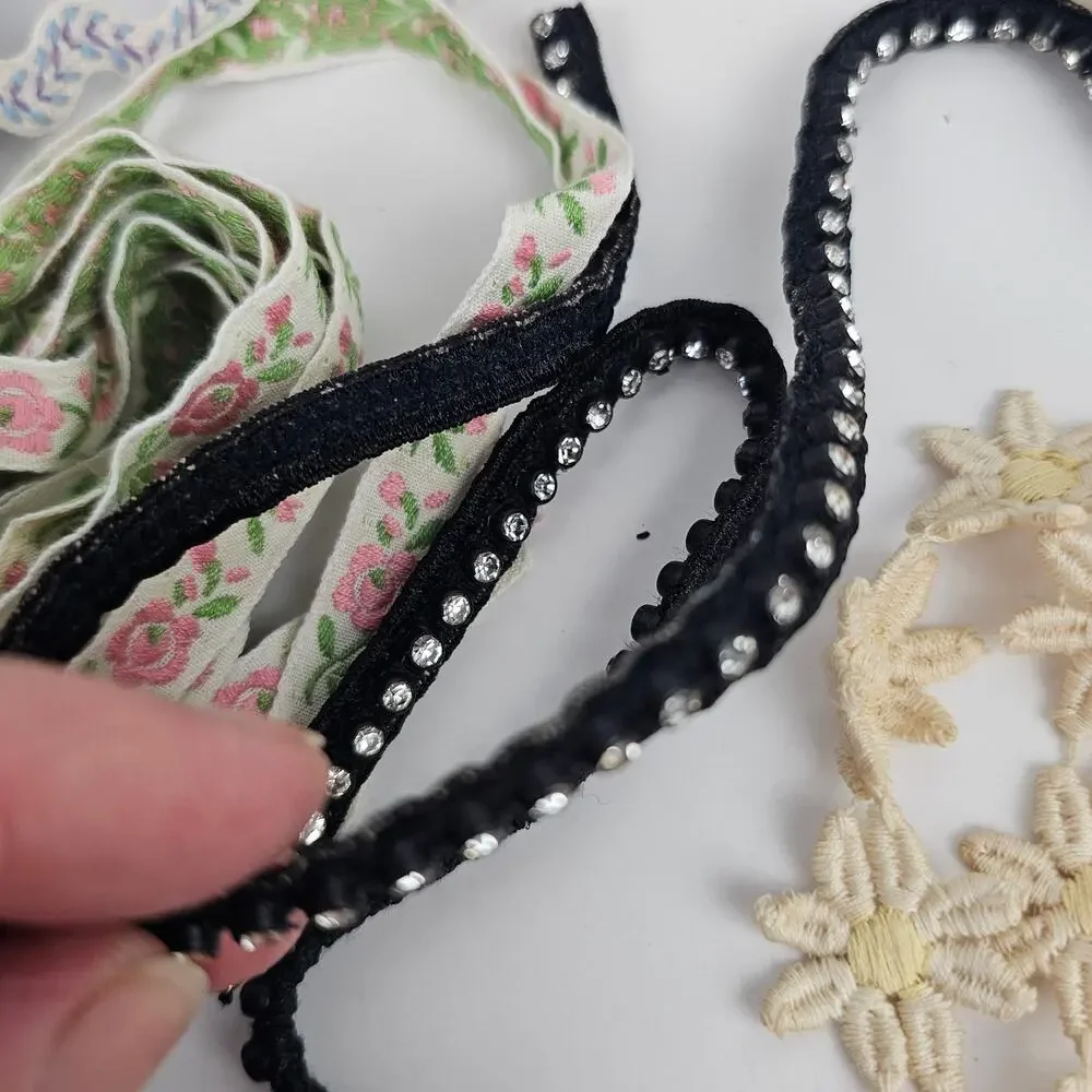 Lot vintage lace, beaded trim, rhinestone ribbon more